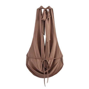 Sexy brown halter top with backless tie design and a deep V-neckline for women