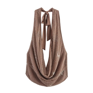 Mocha cowl neck halter top featuring silver floral sequins and open back design