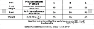 Size chart for backless beaded camisole showing measurements for S, M, and L sizes