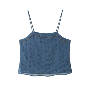 Women's Sexy Backless Cami Top With Beaded Decoration Navy Blue Summer Slim Fit Spaghetti Strap Tank Top For Party Clubwear
