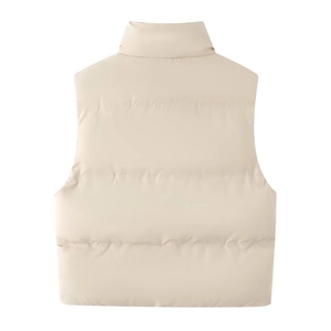 Back view of a beige quilted puffer vest with horizontal stitching and stand-up collar