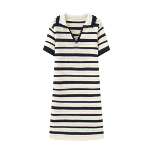Robe Polo Rayée Vintage Français Femmes Manches Courtes Bord Festonné Ligne A Robe Mini en Tricot Bleu Marine Blanc
