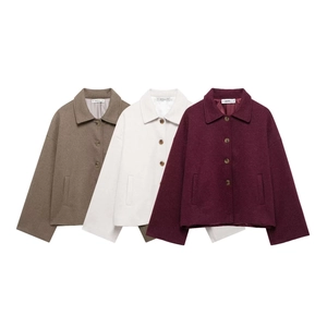 Veste Courte en Imitation Laine pour Femmes Mode Automne Hiver Col à Revers Boutonné Manteau Décontracté Ample