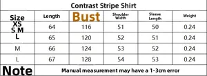 Detailed size chart for women's colorblock striped shirt including XS to L dimensions