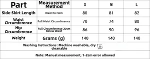 Size chart showing S, M, L dimensions for the halter lace top and satin skirt outfit
