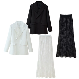 Tenues Élégantes pour Femmes avec Blazer à Double Boutonnage Et Jupe Midi en Dentelle Florale Deux Articles Business Office