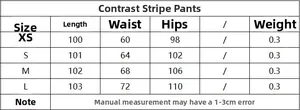 Size chart for women's contrast stripe trousers showing measurements from size XS to L
