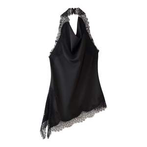 Women Black Satin Halter Cowl Neck Top And Lace Trim Midi Skirt Sleeveless Backless Elegant Party Outfits Dress