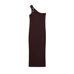 Women One Shoulder Sleeveless Midi Dress With Gold Metal Buckle Sexy Ribbed Knit Bodycon Side Slit Elegant Party Evening Dress