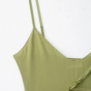 Grass green slim fit V-neck dress with adjustable straps and pleated texture fabric