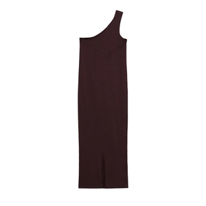 Detail view of dark reddish-brown ribbed knit dress with one-shoulder design and side slit