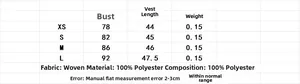 Size chart showing chest and length measurements for polyester button twill top