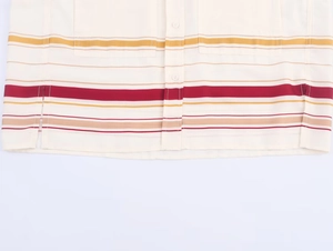 Detail of color-striped shirt fabric with button placket and symmetrical pockets