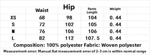 Size chart for woven twill trousers showing waist, hip, and length measurements from XS to L
