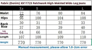 Size chart for high waisted wide leg patchwork denim jeans with detailed measurements