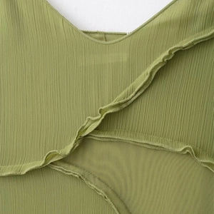 Olive green V-neck dress featuring pleated texture and mesh detail ruffle trim