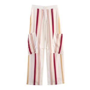 Detailed view of high waist wide leg pants with vertical colorful stripes and large patch pockets