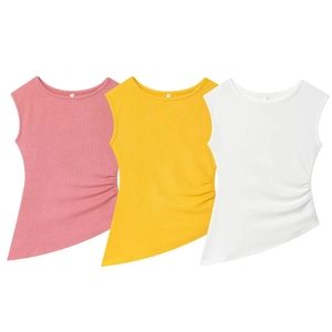 Women's Casual Sleeveless Ribbed Knit Tank Top Ruched Side Asymmetrical Hem Slim Fit Summer Solid Color Vest Top
