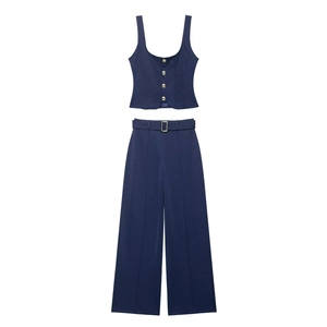 Women Navy Blue Sleeveless Vest Top And Wide Leg Pants Outfits Square Neck Gold Buttons Decorative Belt Casual Woven Suit
