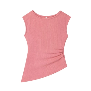 Detailed close-up of ruched side texture and asymmetrical hem on sleeveless knit top