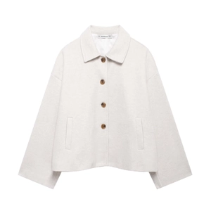 Veste courte beige pour femme en laine mélangée avec revers et quatre boutons