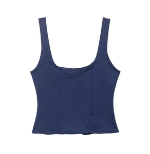 Detail of navy blue sleeveless top featuring twill texture and structured stitching