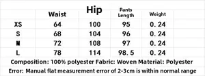 Size guide table for women's high-waisted trousers with detailed measurements in cm