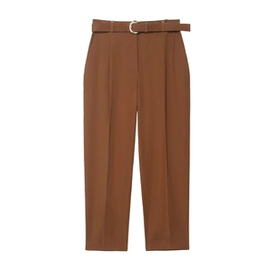 Women Casual High Waisted Trousers With Belt Loose Straight Leg Draped Pants Office Summer Fashion Brown Pants