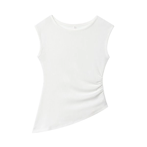 Detail of white sleeveless top showing asymmetric pleated hem and ribbed knit texture