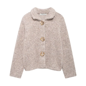 Gilet en maille pour femme marron clair avec boutons fleurs et texture pelucheuse