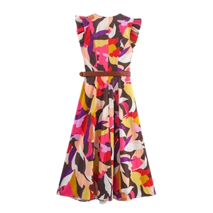 Sleeveless floral print dress with ruffle shoulders and waist belt in A-line style