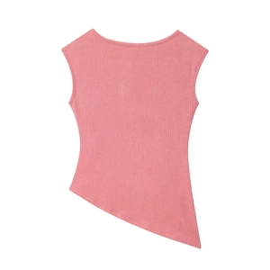 Detail of coral pink ribbed knit tank top featuring a stylish asymmetrical hem and round neck