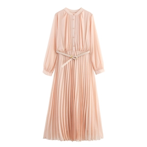 Elegant apricot pleated midi dress with long sleeves, waist belt and metallic buttons
