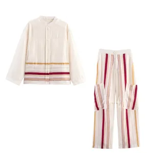 Women Casual Contrast Striped Top And Bottom Long Sleeve Shirt And Wide Leg Cargo Pants Lounge Wear Loose Fit Outfit