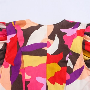 Women's 2025 summer sleeveless dress with vibrant abstract print and ruffled shoulders