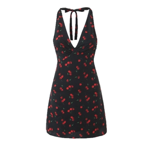 Sweet black halter mini dress featuring red cherry prints and a slim fit backless design