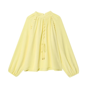 Elegant Women Lantern Sleeve Pleated Blouse With Mock Neck And Tie Detail Solid Color Loose Fit Casual Office Shirt Top
