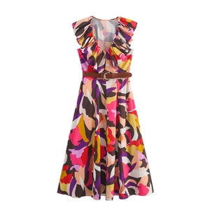 Summer sleeveless V-neck dress with abstract print, ruffles, and C-buckle belt