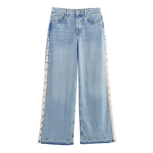 Women High Waisted Wide Leg Denim Jeans White Floral Lace Patchwork Frayed Hem Stylish Casual Commute Long Trousers