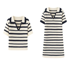 Vestido Midi Polo de Punto a Rayas Vintage Francés Para Mujer Y Top de Manga Corta Borde Festoneado Punto Casual