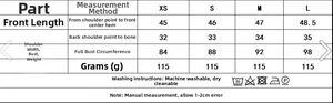 Size chart for women's asymmetric vest top with measurements and washing instructions