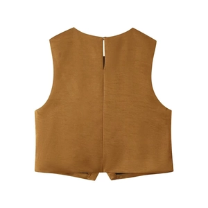 Rear view of brown sleeveless vest with vertical seam, keyhole closure, and textured fabric