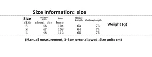 Detailed size guide table for oversized blazer showing measurements for S, M, and L sizes