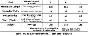Detailed size chart and washing instructions for the sleeveless printed summer dress