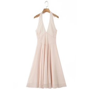 Elegant light pink halter V-neck maxi dress with a slim-fit silhouette and A-line skirt