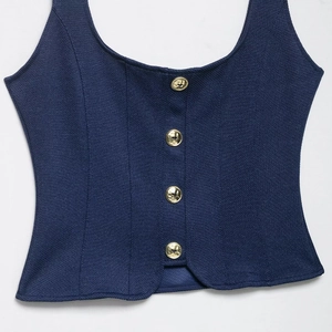 Slim fit navy blue twill vest top with four gold buttons and square neckline