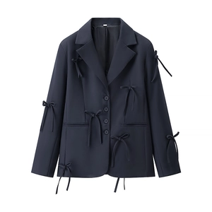 Women Elegant Bow Tie Decor Blazer Jacket Single Breasted Long Sleeve Slim Fit Fashion Office Outerwear Blazer Top