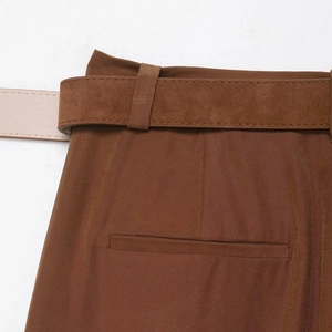 Brown wide-leg trousers with matching belt and detailed back welt pocket view