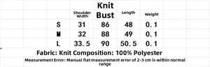 Size chart for women's knit vest showing measurements in cm for sizes S, M, and L