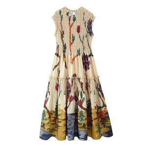 Women Vintage Floral Smocked Maxi Dress Sleeveless Tiered Boho Summer Sundress Elegant Off-white Flower Print Long Dress